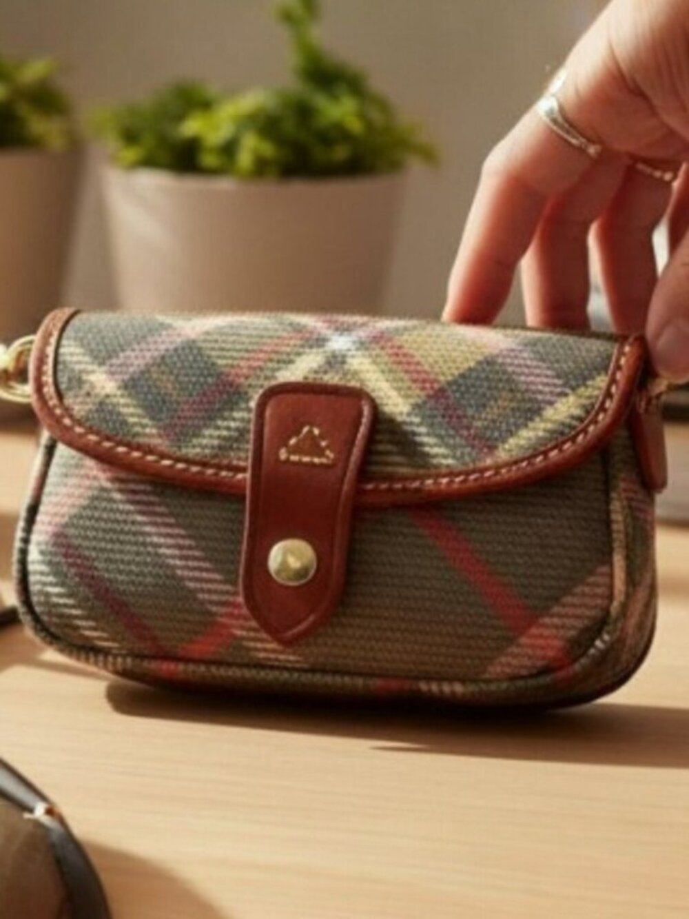 Dooney And Bourke Tartan Plaid Tan And Brown Leather Accent Wristlet